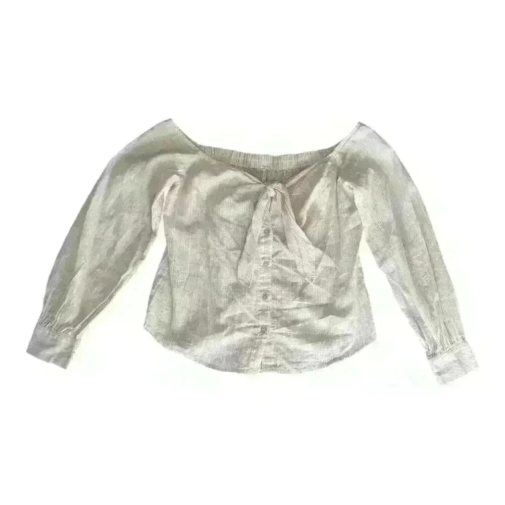Free People - Off-Shoulder Light Pink Striped Top with Front Buttons and Tie